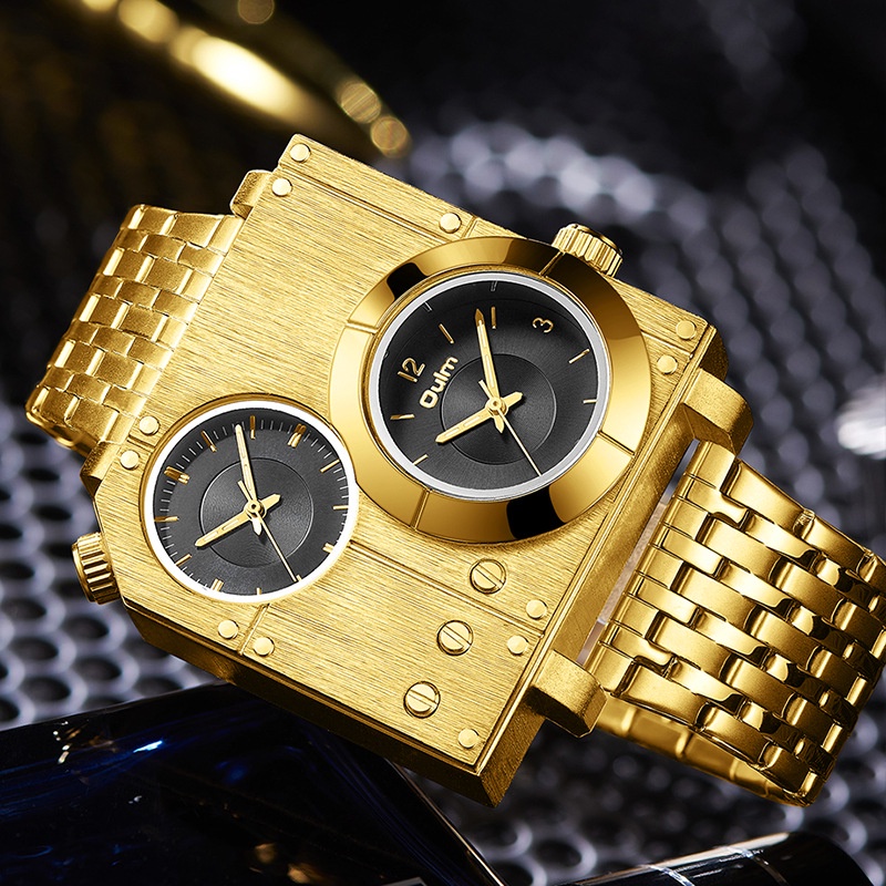 Oulm Casual Large Square Dial Watch Men's Gold Watches Dual Time Zone ...