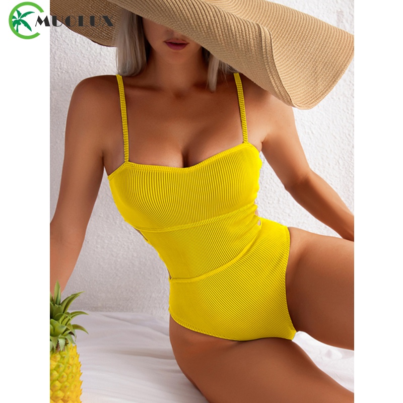 Sexy Cut Out One Piece Swimsuits 2022 New Ribbed Swimwear Women Yellow