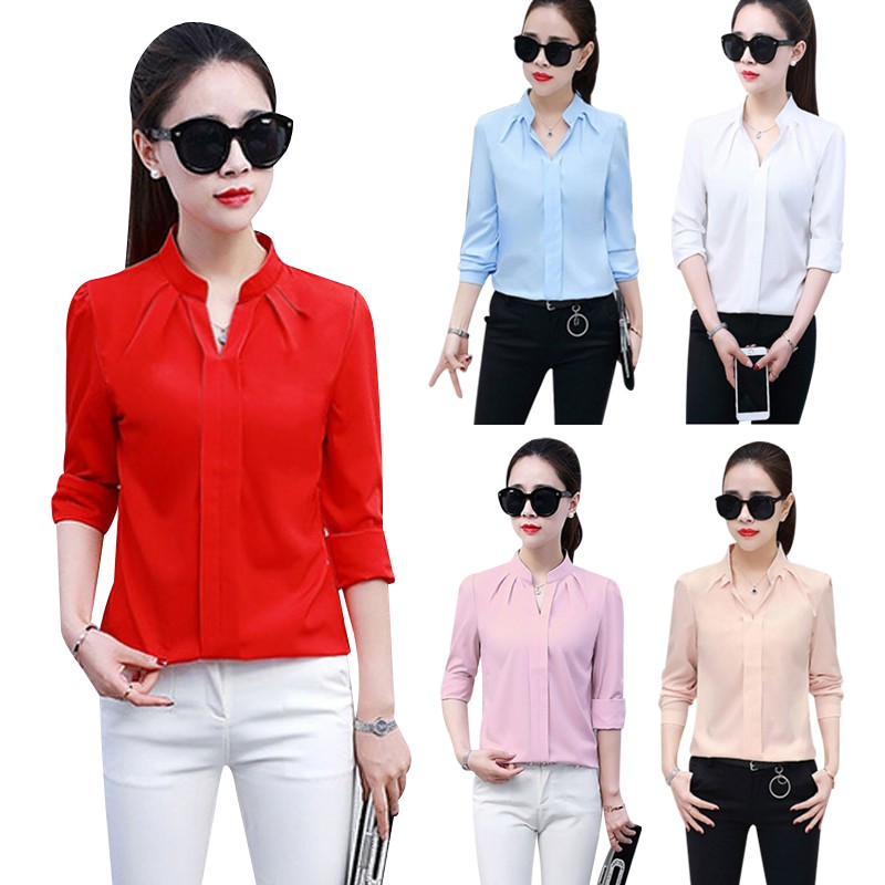 Ready stock Korean Office Lady Casual Women Short Sleeve Ruffle Chiffon ...
