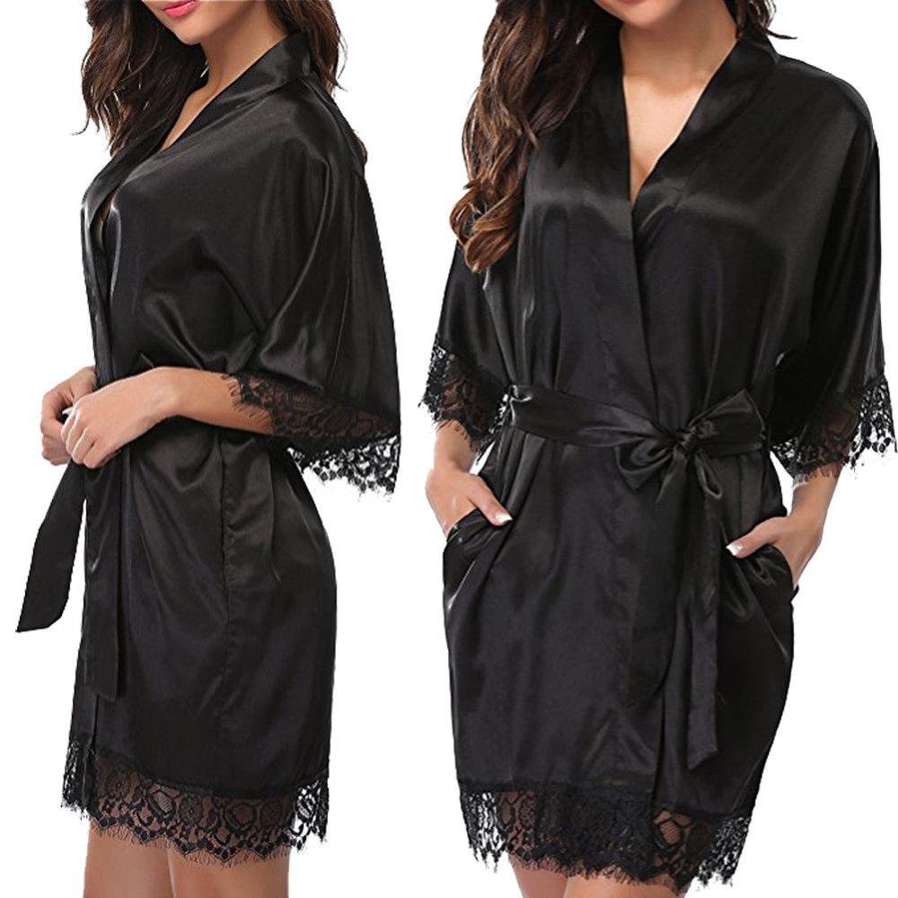New Hot Sexy Lingerie Satin Lace Black Kimono Intimate Sleepwear Robe Sexy Night Gown Women 