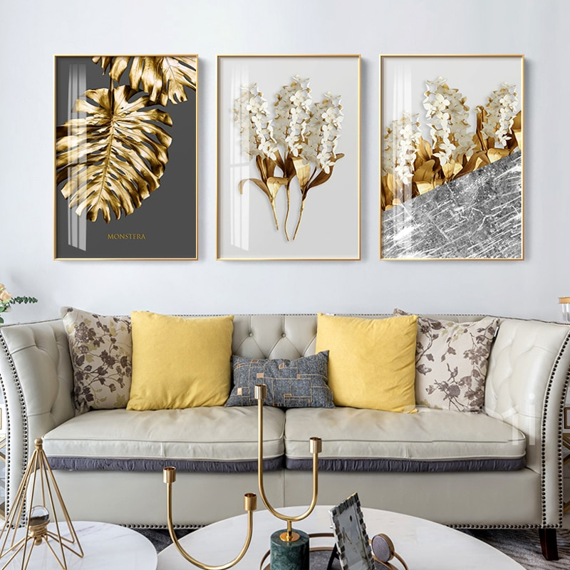 Nordic Golden abstract canvas paining leaf flower Wall Art Black white ...