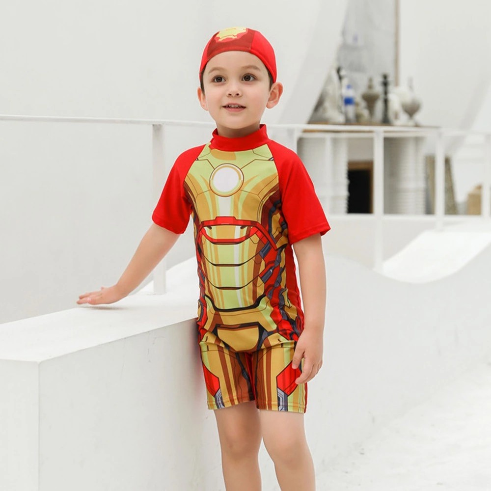 Cartoon Swimwear Kids Boys Iron Man Jumpsuit hats Swimming