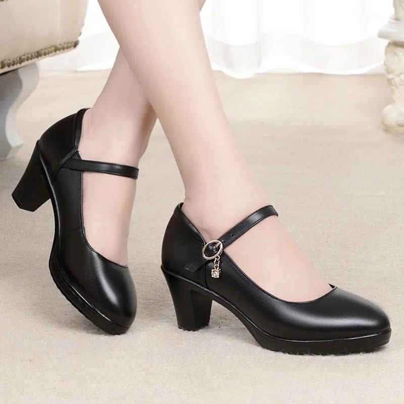 Women Fashion Sweet Red Comfortable Spring Slip on Square Heel Pumps Lady  Classic Black Office High Heel Shoes A6166
