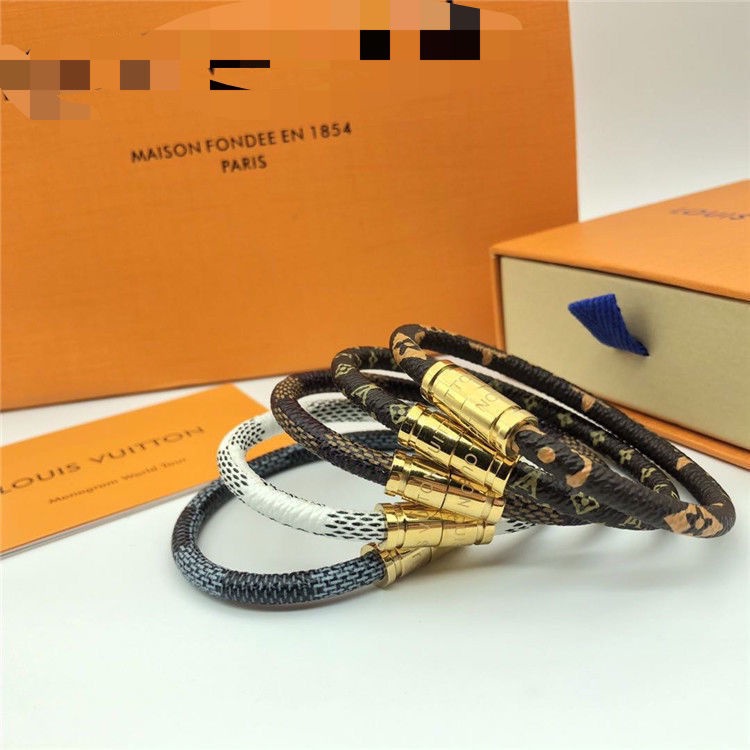 Louis Vuitton LV leather rope magnetic buckle bracelet CNC carved leather  personality trendy couple