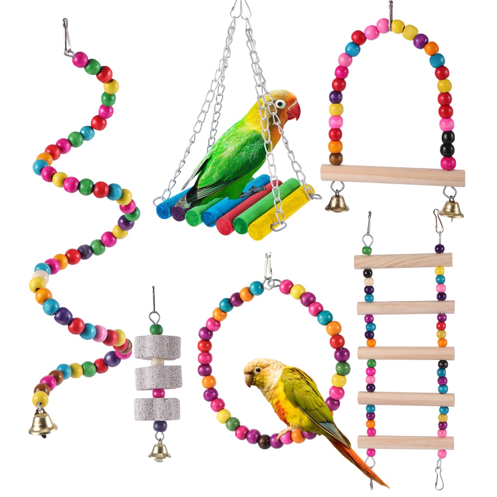 1Set Bird Cage Toys for Parrots Colorful Reliable Chewable Swing Bell ...