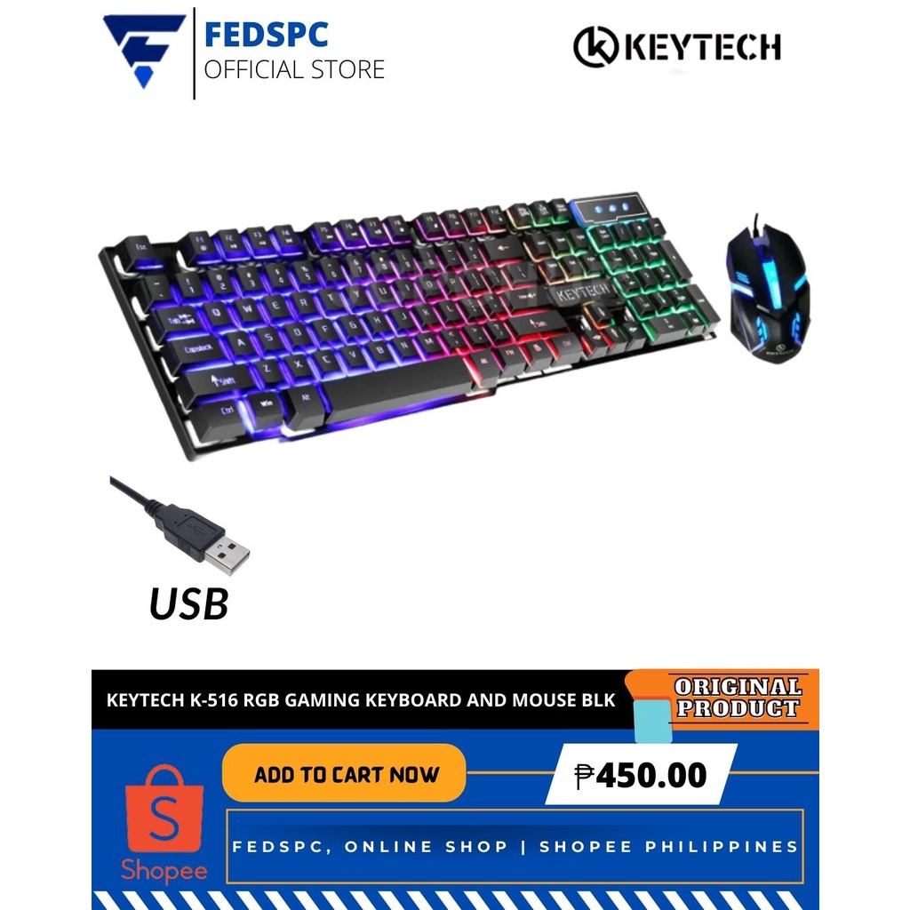 KEYTECH K516 RGB Gaming Keyboard and Mouse (BLACK) Shopee Philippines