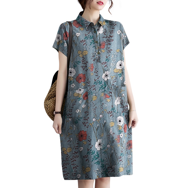 ZANZEA Women Short Sleeve Loose Plus Size Turn-Down-Collar Printing Pure  Cotton Front Pockets Dress