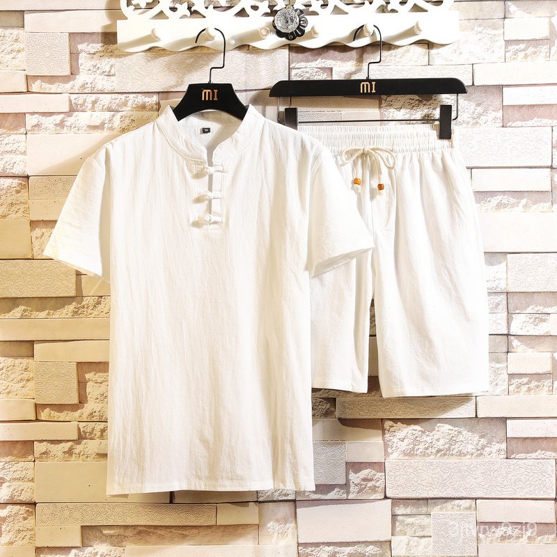 New Arrival Men's Cotton and Linen Short Sleeve T-shirt+Shorts 2PC Set Solid Shirt+Shorts Home S ...