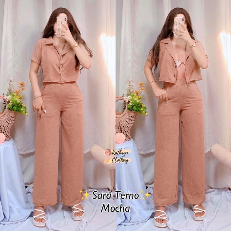 kathryn-casual-polo-button-down-tops-trouser-wide-leg-pants-set-14028