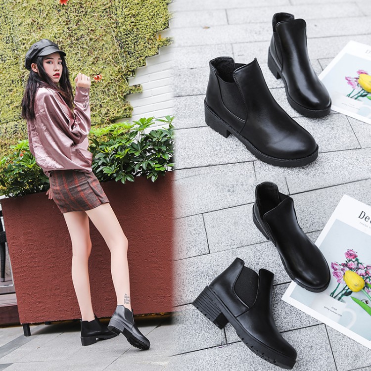 Korea Women Black High-heel Leather Shoes Ankle Short Boots | Shopee ...