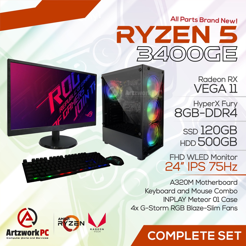 AMD RYZEN 5 3400GE + 24" Monitor Complete Computer Desktop Set Shopee