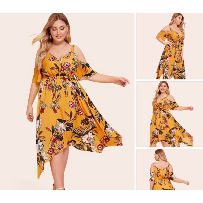 Gretta Bakuna Cold Off Shoulder Floral Imbalance Dress Casual Formal Hawaiian Summer BKK plus size Shopee Philippines