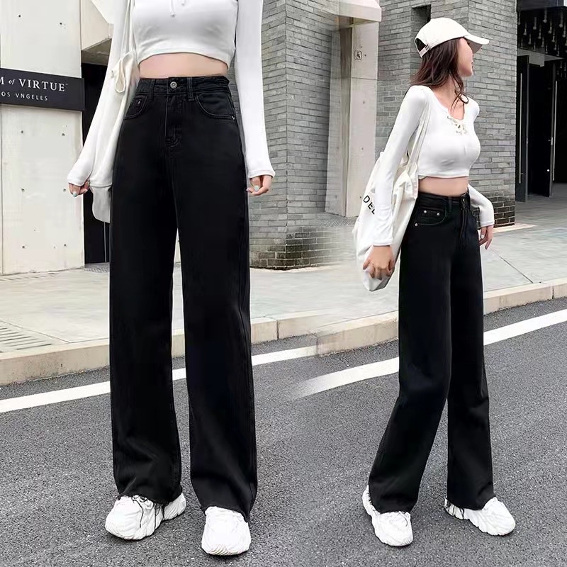 Trendy Black Color High Waist Baggy Mom Jeans Staright Denim Pants G1853  (JF)