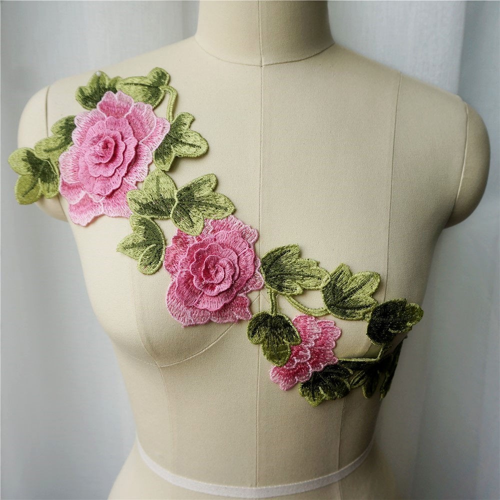 Pink Embroidery Rose Flower Lace Applique Sewing Fabric Collar Patch ...