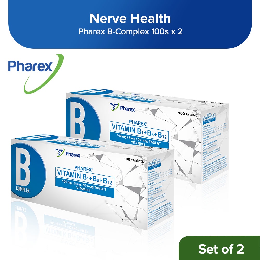 Pharex B Complex Vitamin B1 B6 B12 100mg 5mg 50mcg 100 Tablets Set Of 2 Nerve Health Shopee