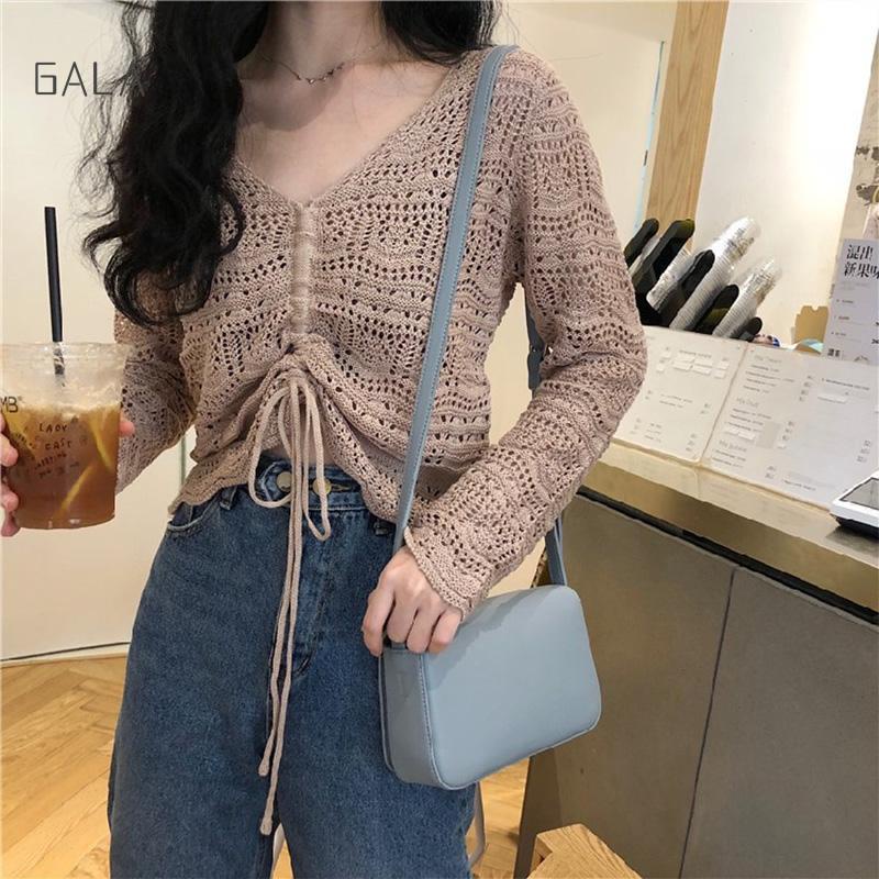 Women's Sexy Drawstring Sweater Hollow Knitted Bottoming Blouse GA ...