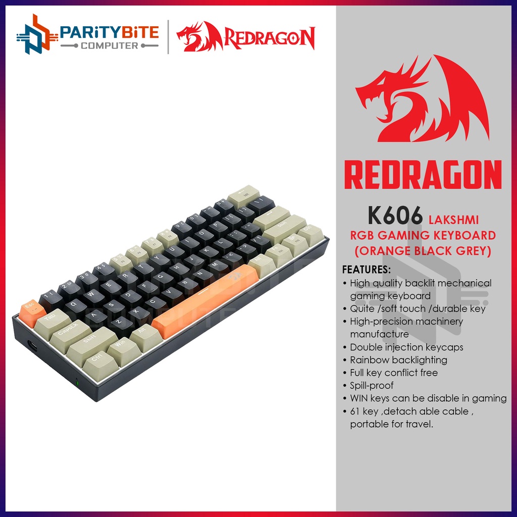 Redragon K606 Lakshmi (Orange Black Grey) Detachable Wired Mechanical ...
