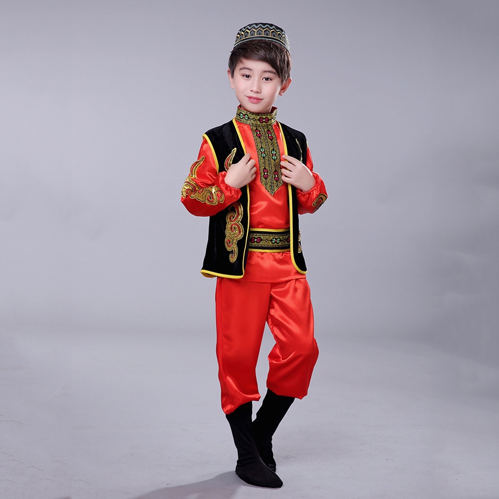 Traditoinal Muslim Style Dance Costume For Islamic Boys Red Muslim Suit