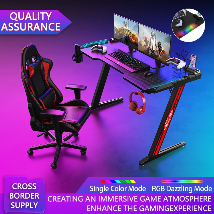 Carbon fiber desk gaming desk with RGB led lights Z shaped computer