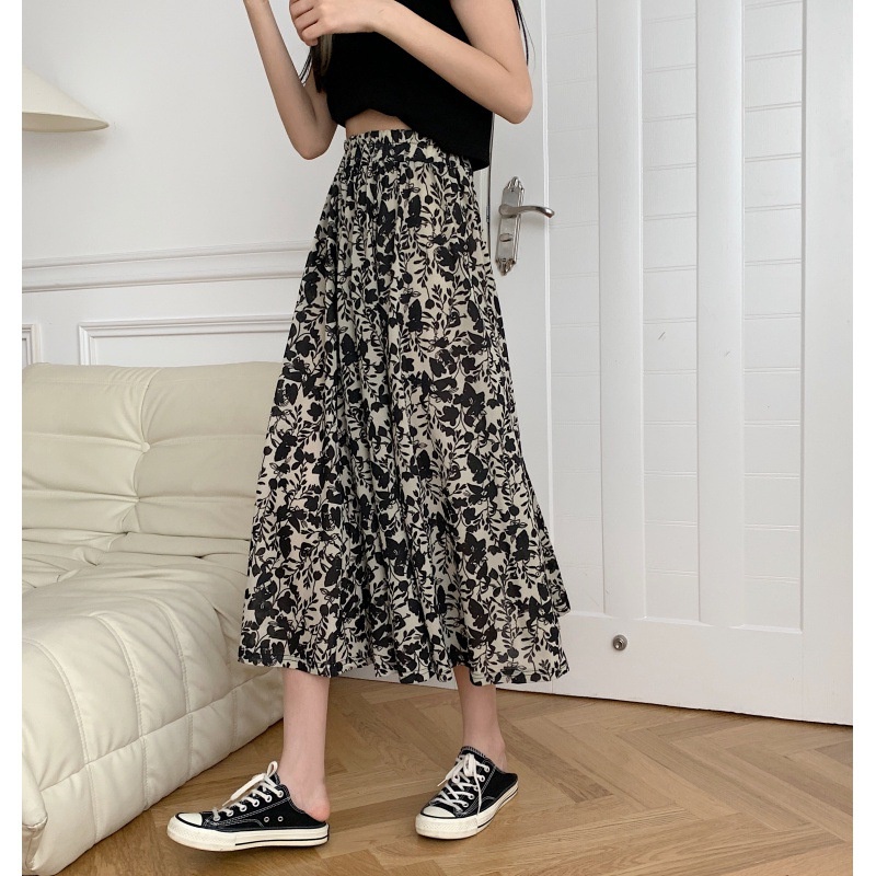 Women High Waist Black Floral Skirt Slim Mid Length Summer Dress
