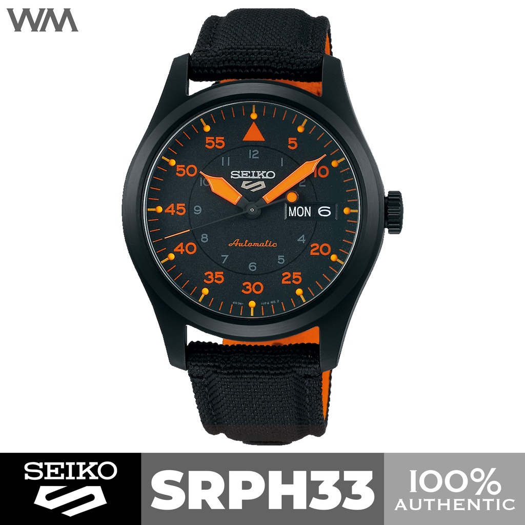 Seiko 5 Sports Black Orange Military Field Flieger Automatic