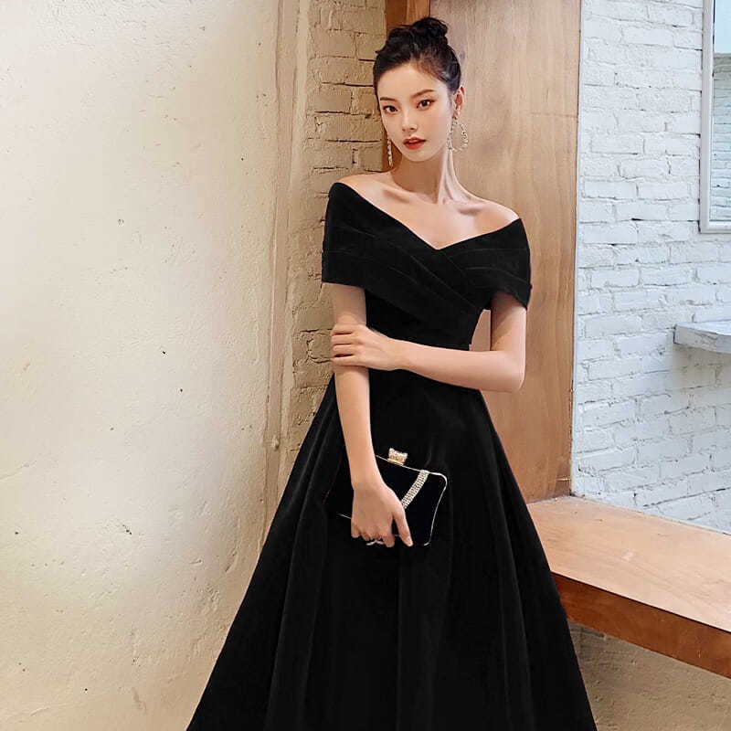 Black dress new simple host show slim fashion long banquet evening dress