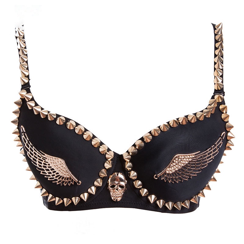 Wechery Sexy Bras Women Party Spike Rivet Skull Punk Dance Push Up Bra Nightclub Costumes Bras