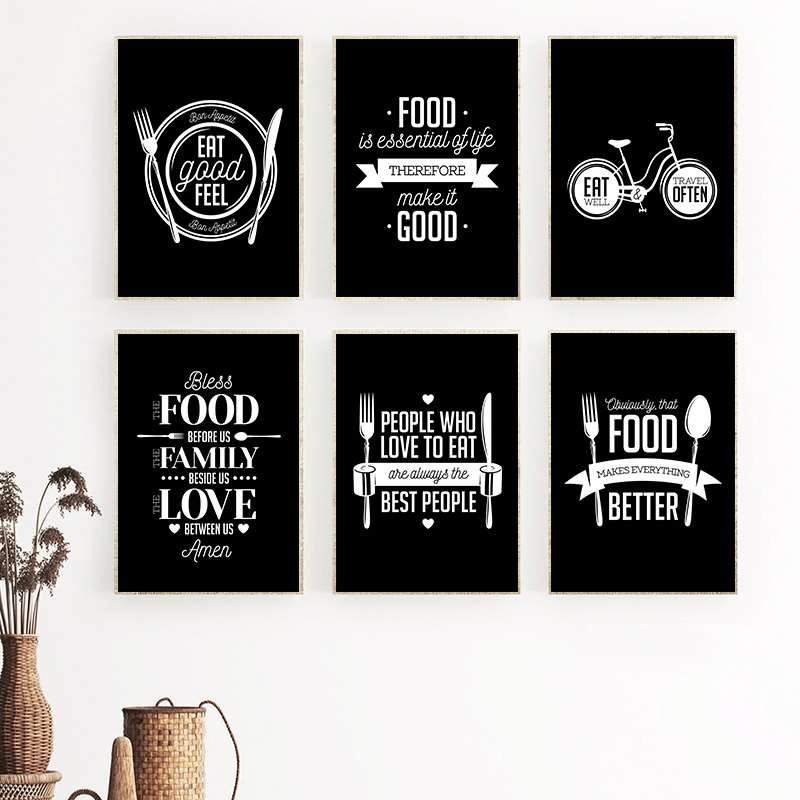 Black And White Food Quotes Canvas Painting Prints Tableware Wall Art