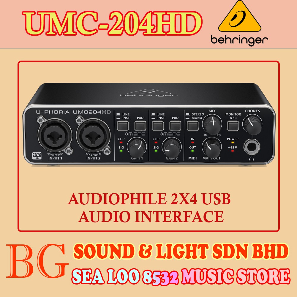 BEHRINGER UMC204HD / UMC-204HD AUDIOPHILE 2X4, 24-BIT/192kHZ USB AUDIO ...