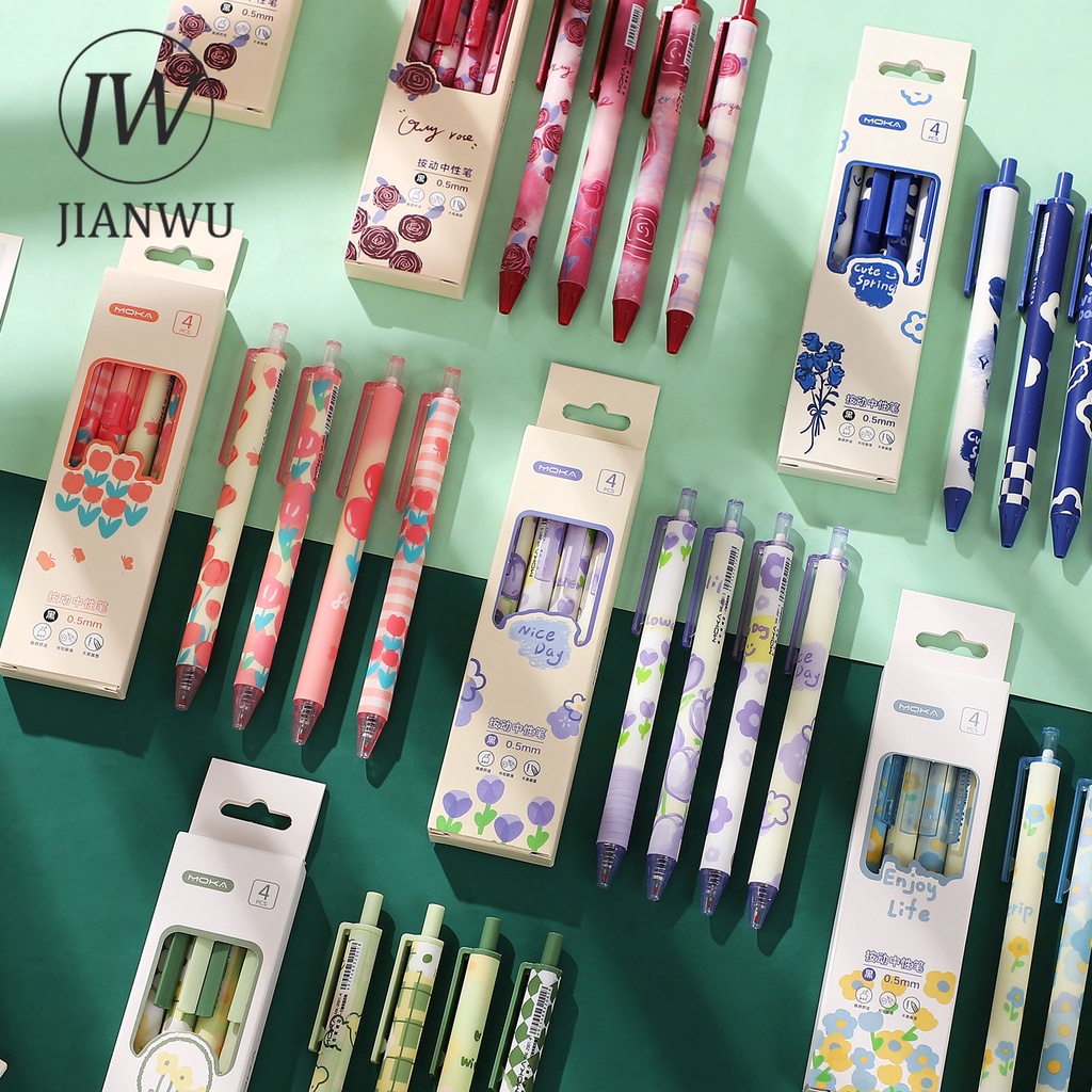 JIANWU 4 Pcs/Set Simple INS Romantic Flowers Gel Pens 0.5mm Retractable ...