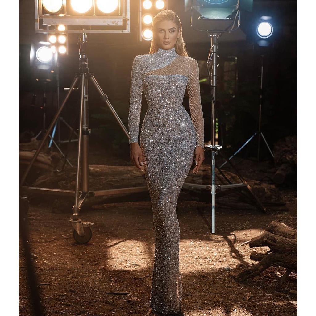 Beaded Sequined Banquet Long Halter Set Diamond Queen Fishtail Evening Gown