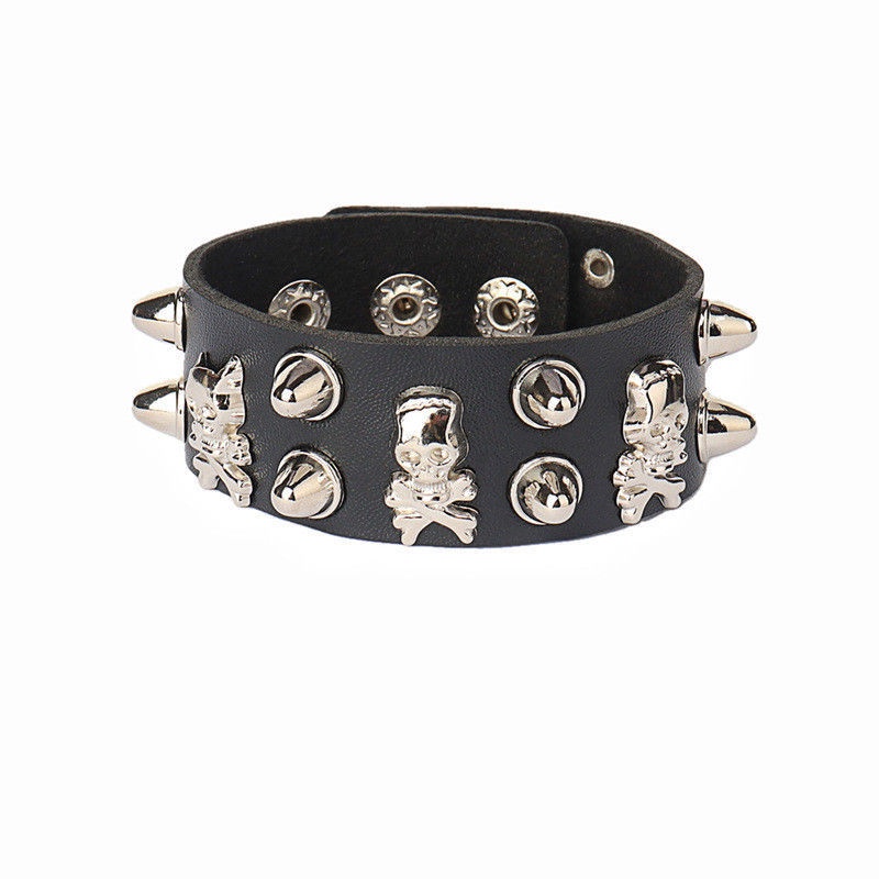 Black Leather Wristband Bracelet Cuff goth gothic punk bracelets women ...
