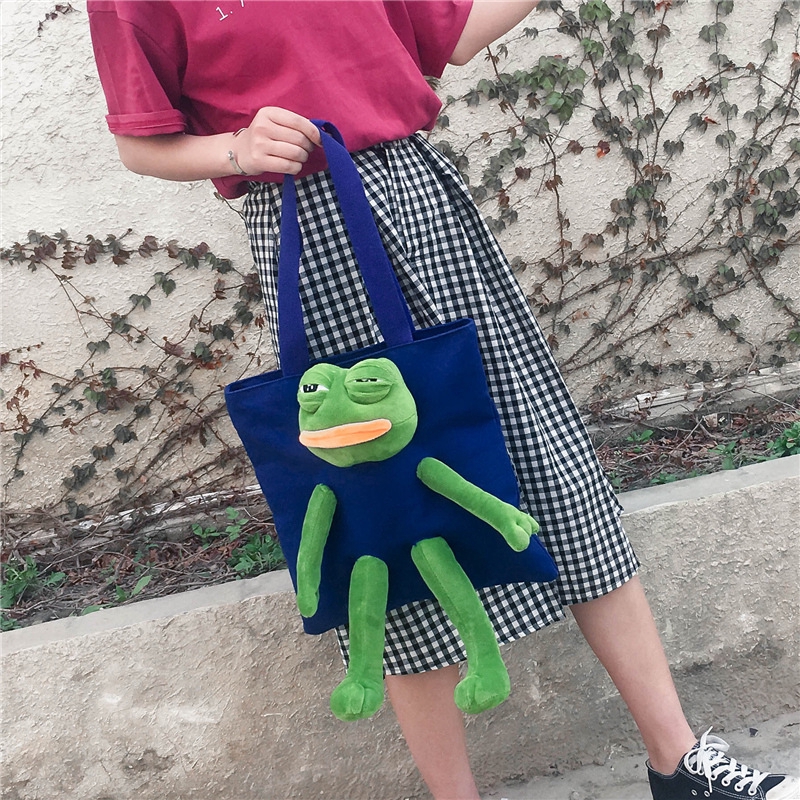 RuiHe Ladies Bag Canvas Handbag Pepe the Frog Pink Panther Korean Cartoon Plush Doll Cute Shoulder Bag Causal Schoolbag