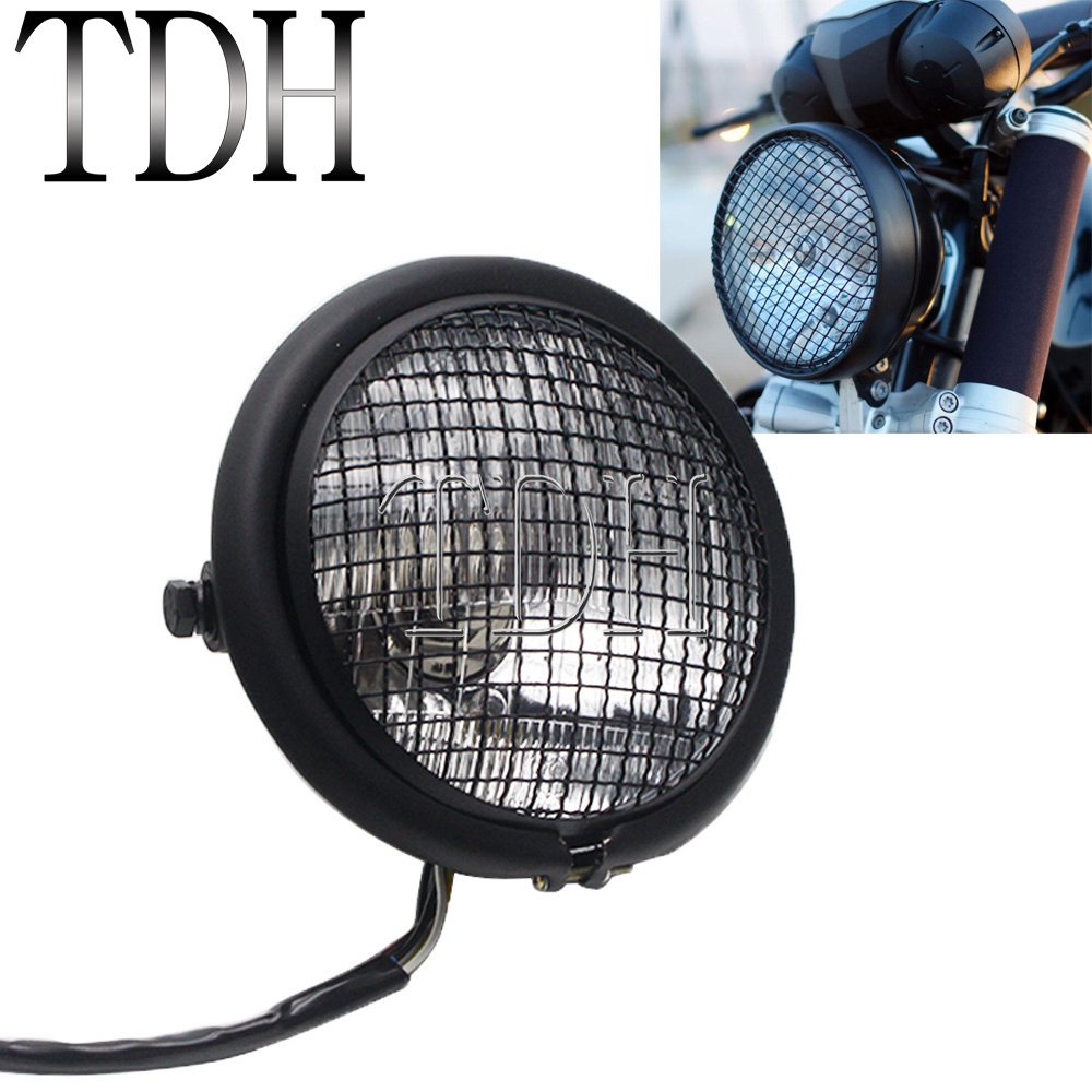 LT（COD）Retro Motorcycle Headlight Clear Lens Cafe Racer Head Light Mesh ...