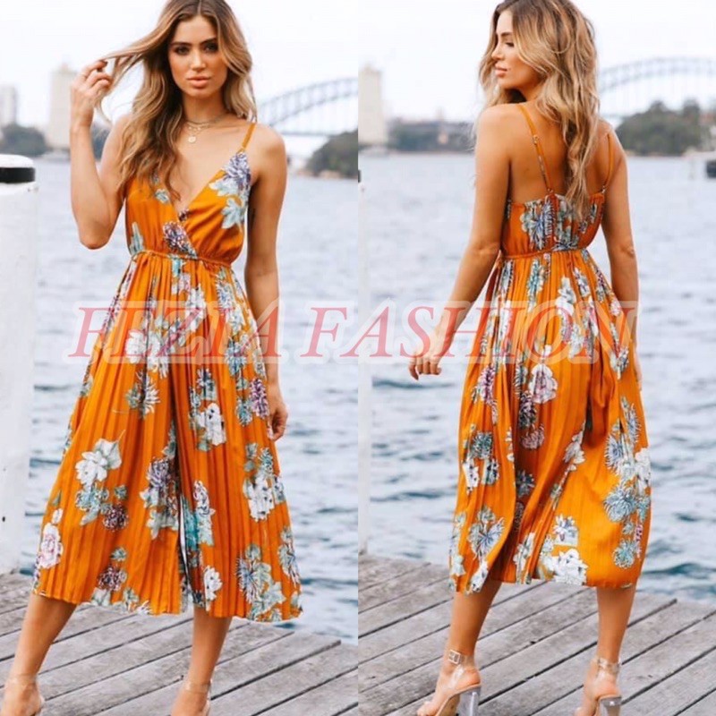 Fashionable Marie Floral Mustard Sexy pleated Jumpsuit Coachella Summer Boho Casual Formal Outfit Shopee Philippines