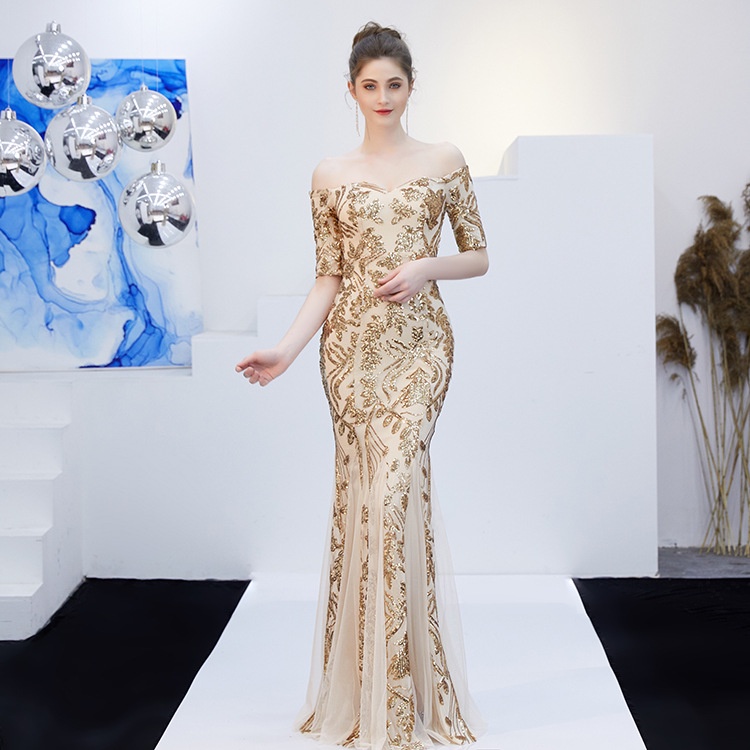 Spring Multi-Color Long Sleeve round Neck Fishtail Banquet Evening Dress for Women
