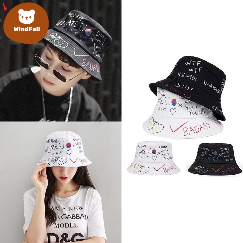 Male / Female Bucket Hats Korean Style Graffiti Motifs for Couples WF Shopee Philippines