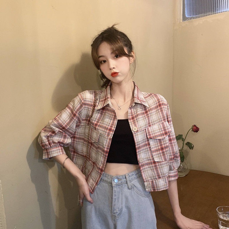 2021 New Retro Plaid Shirt Loose Long Sleeve Crop Top Shopee Philippines