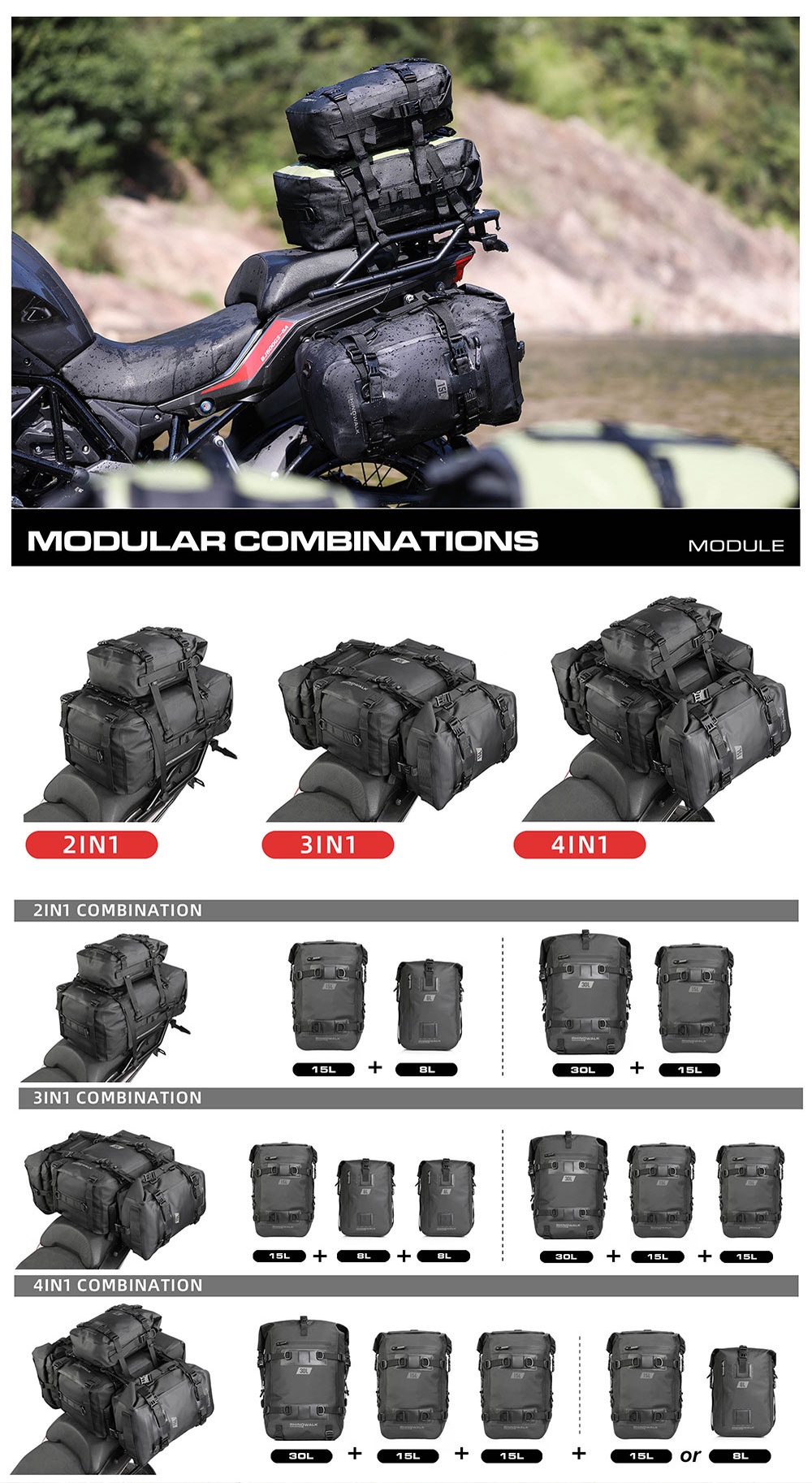 Rhinowalk 8L-30L Waterproof modular motorcycle bag motorcycle Saddle ...