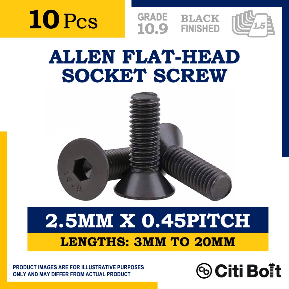 10pc Allen Flat Head Socket Screw / Allen Countersunk Bolt M2.5 ( 2.5MM ...