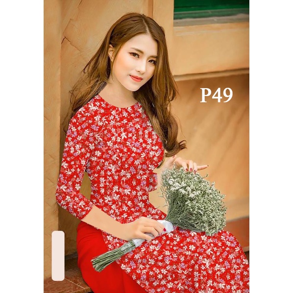 Premium 3D Printed Ao Dai _ Code P49 Ao Dai With Red Flower Pattern