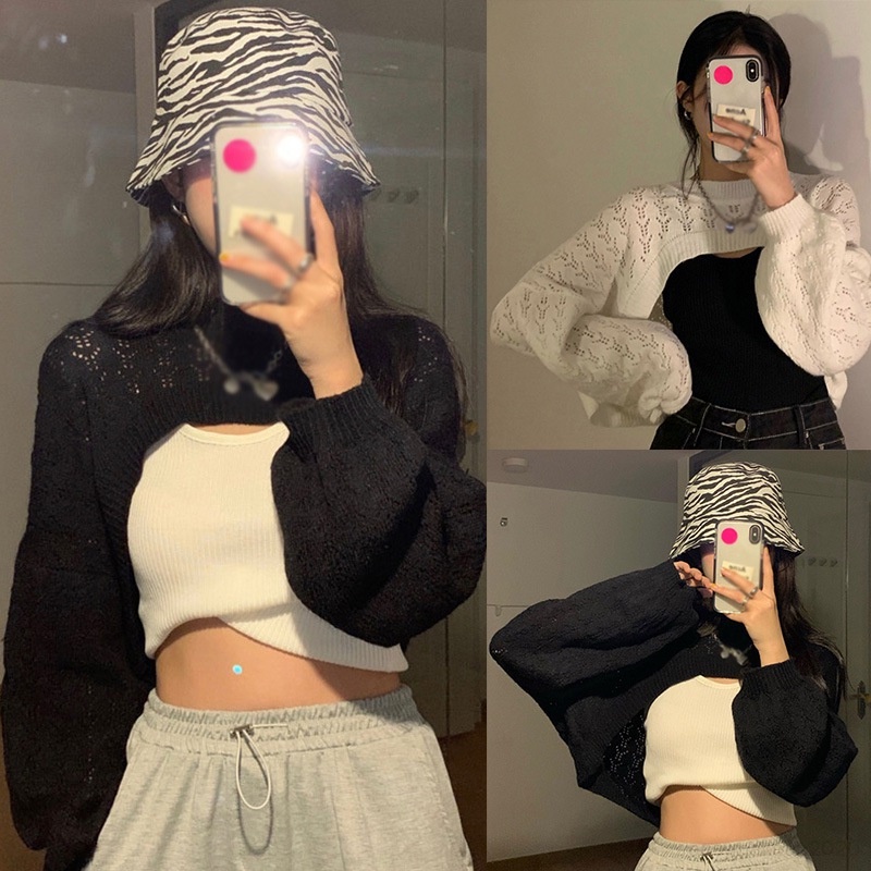 Women s Layered Cropped Knit Tops Loose Hollow Blouse Long Sleeve Sweater Shopee Philippines