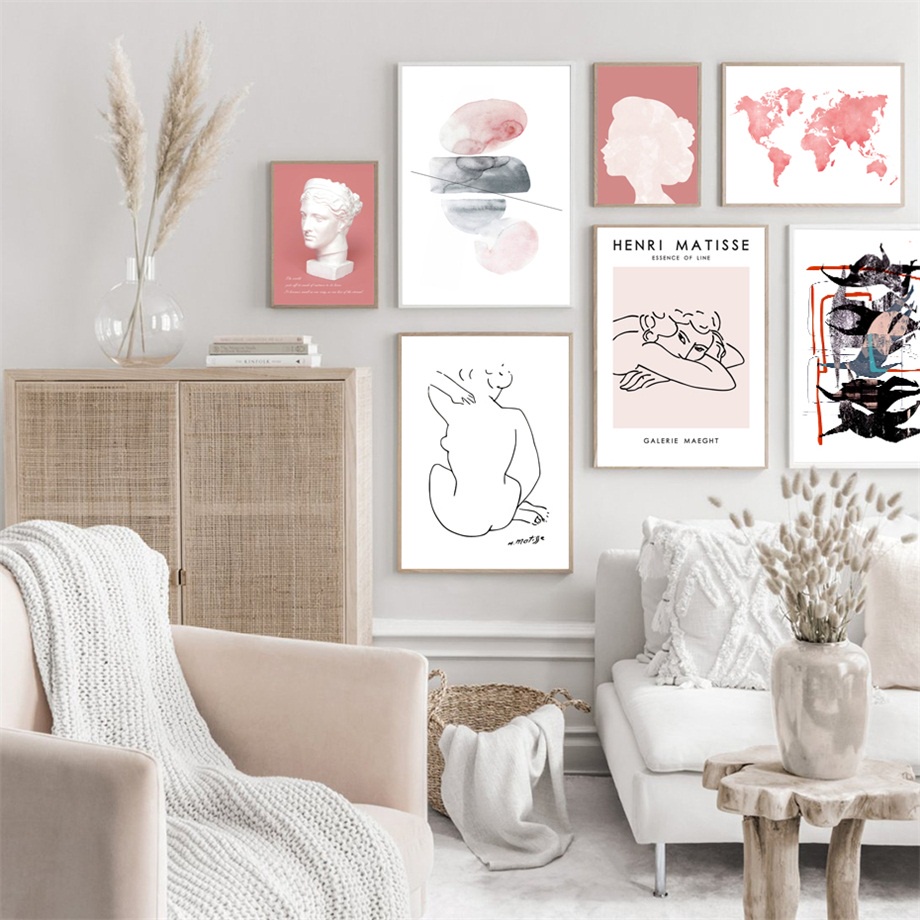 Abstract Matisse Girl Geometry Statue Map Canvas Painting Nordic ...