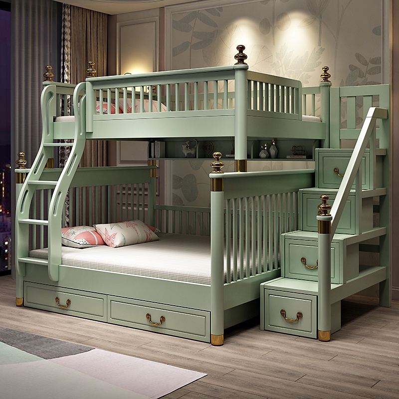 Light Green New Chinese Solid Wood Bunk Bed Bunk Bed1.8Upper and Lower