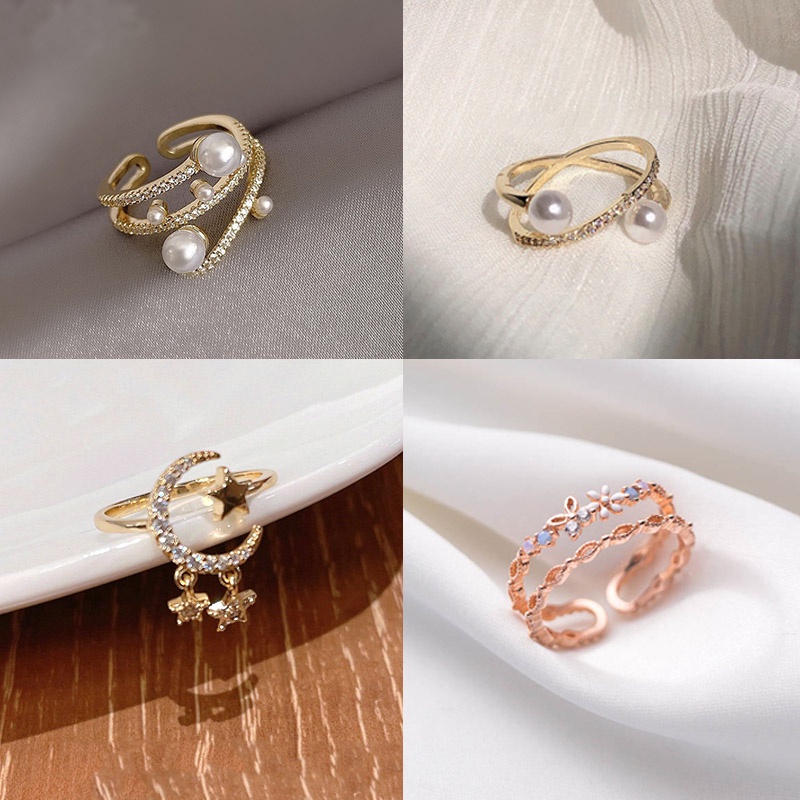 Simple Geometric Temperament Flower Star Open Rhinestone Pearl Ring ...