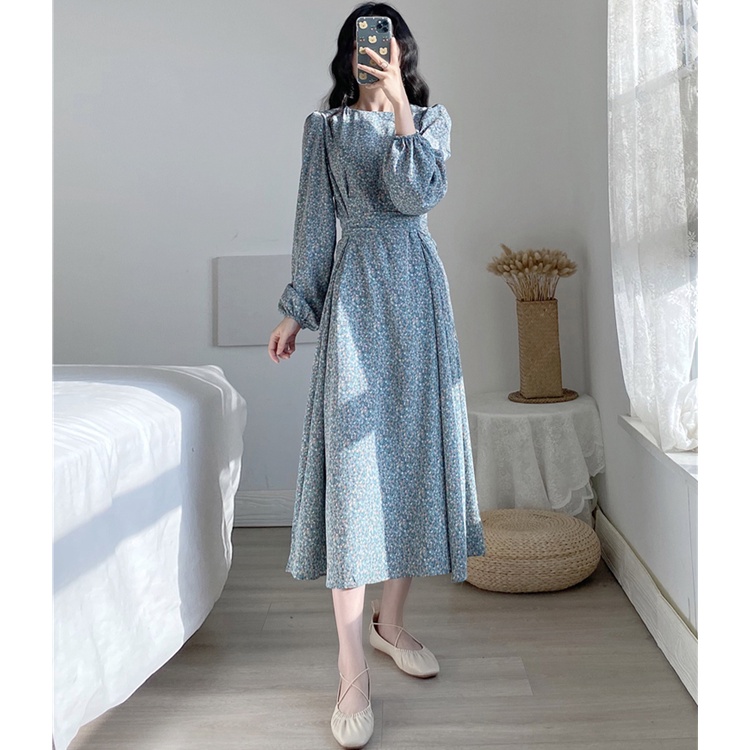 Korean Style Elegant Chiffon Dress Long Sleeves Round Neck Belted Loose Long Dresses Shopee Philippines