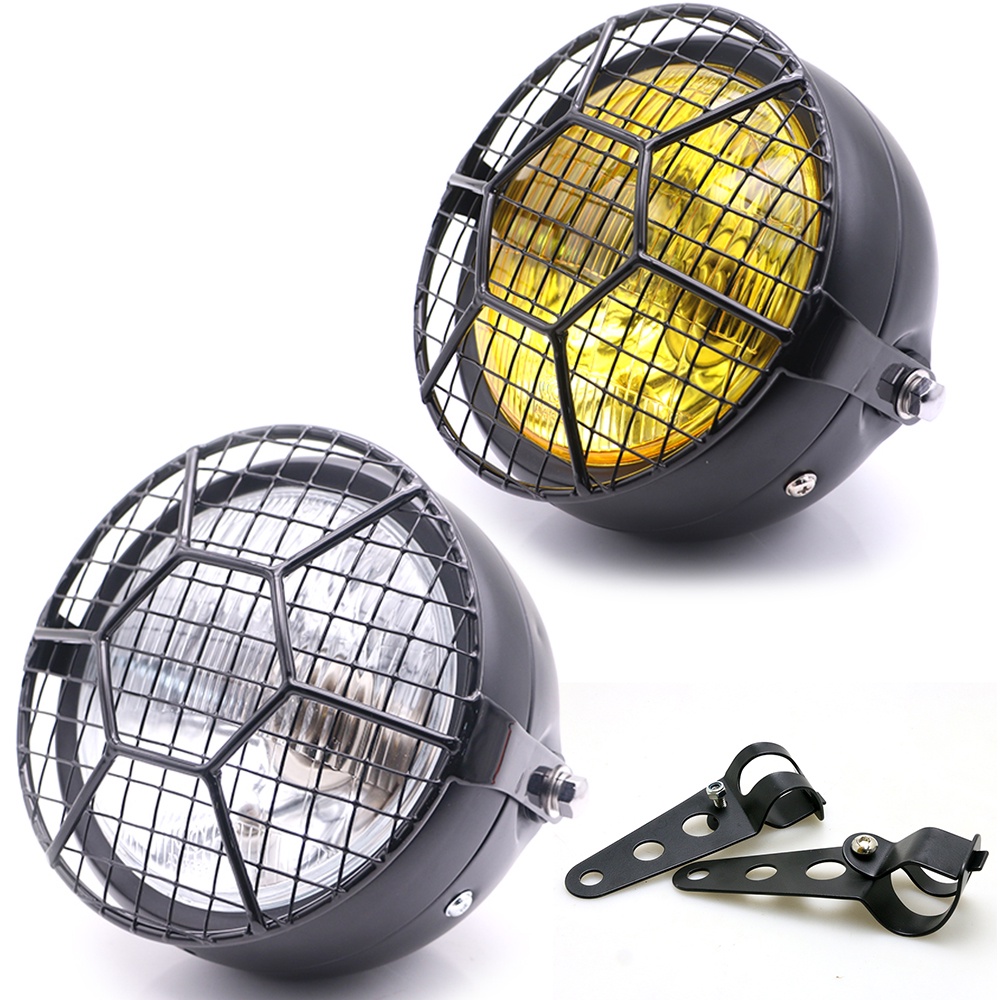 Refit 12v Motorcycle Headlight Head Lamp Light Grill Cover Retro Vintage Bracket Mask Mount Cafe