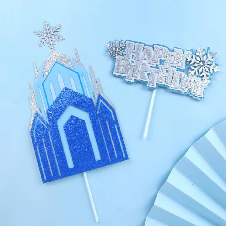 Frozen Theme Glitter Snowflake Castle Paper Card Cake Topper Baking