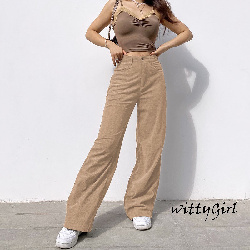 WITTY-Women Casual Wide-leg Pants, Solid Color High Waist Loose Trousers