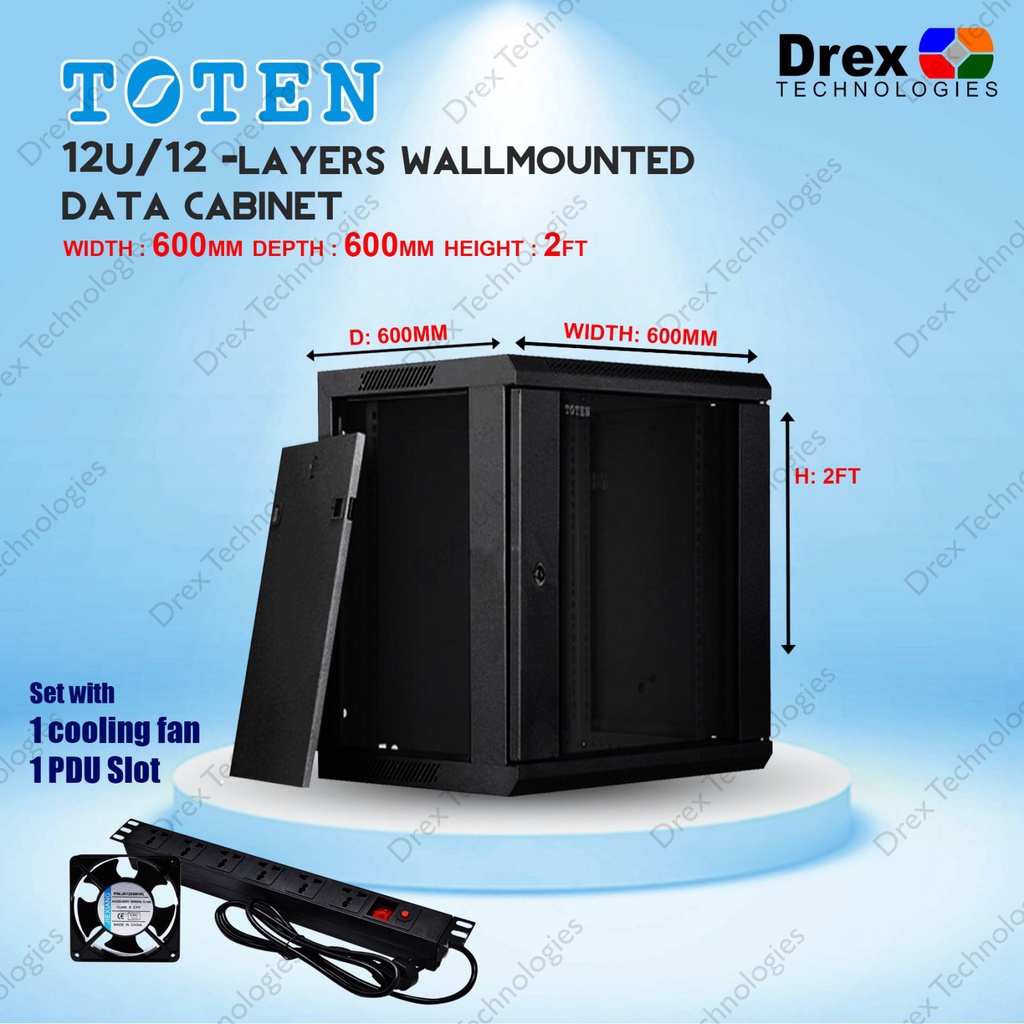 Toten 12U 12-Layer Data Cabinet Wallmounted 600x600x2ft W/ 1pc Fan ...